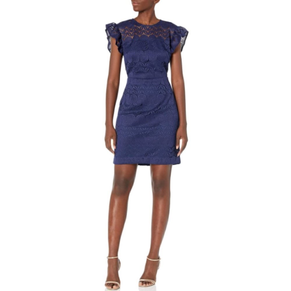 Trina Turk 'Mai-Tai' Ruffle-Sleeve Lace Sheath Dress, Navy Blue